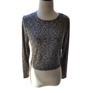 Gray Black & White Leopard Print Long Sleeve Semi Cropped Top Size M